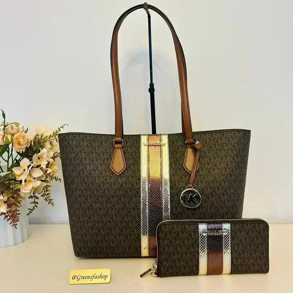 Michael Kors Purse & Wallet Sheila Large Signature & Metallic Tote Bag Brown - Picture 1 of 12